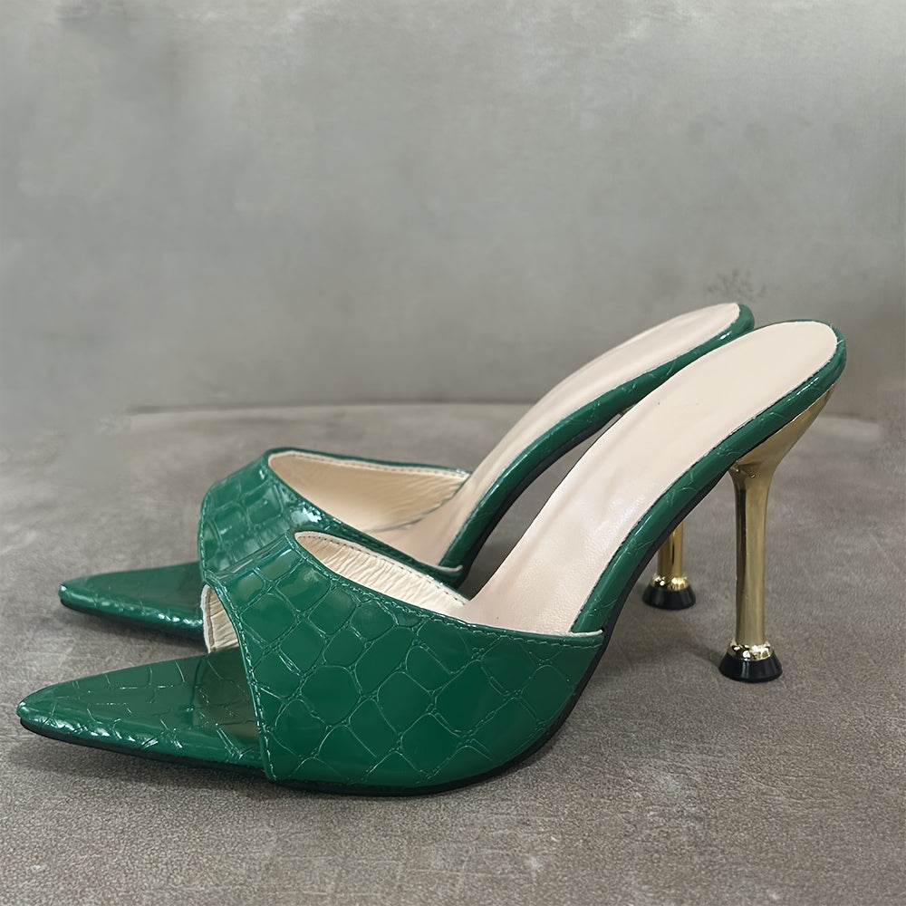 Women's Crocodile Pattern Thin High Heels - Pointy Peep Toe Slip On