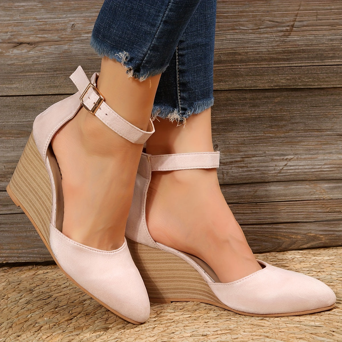Pointed Toe Ankle Strap Wedge Platform High Heels
