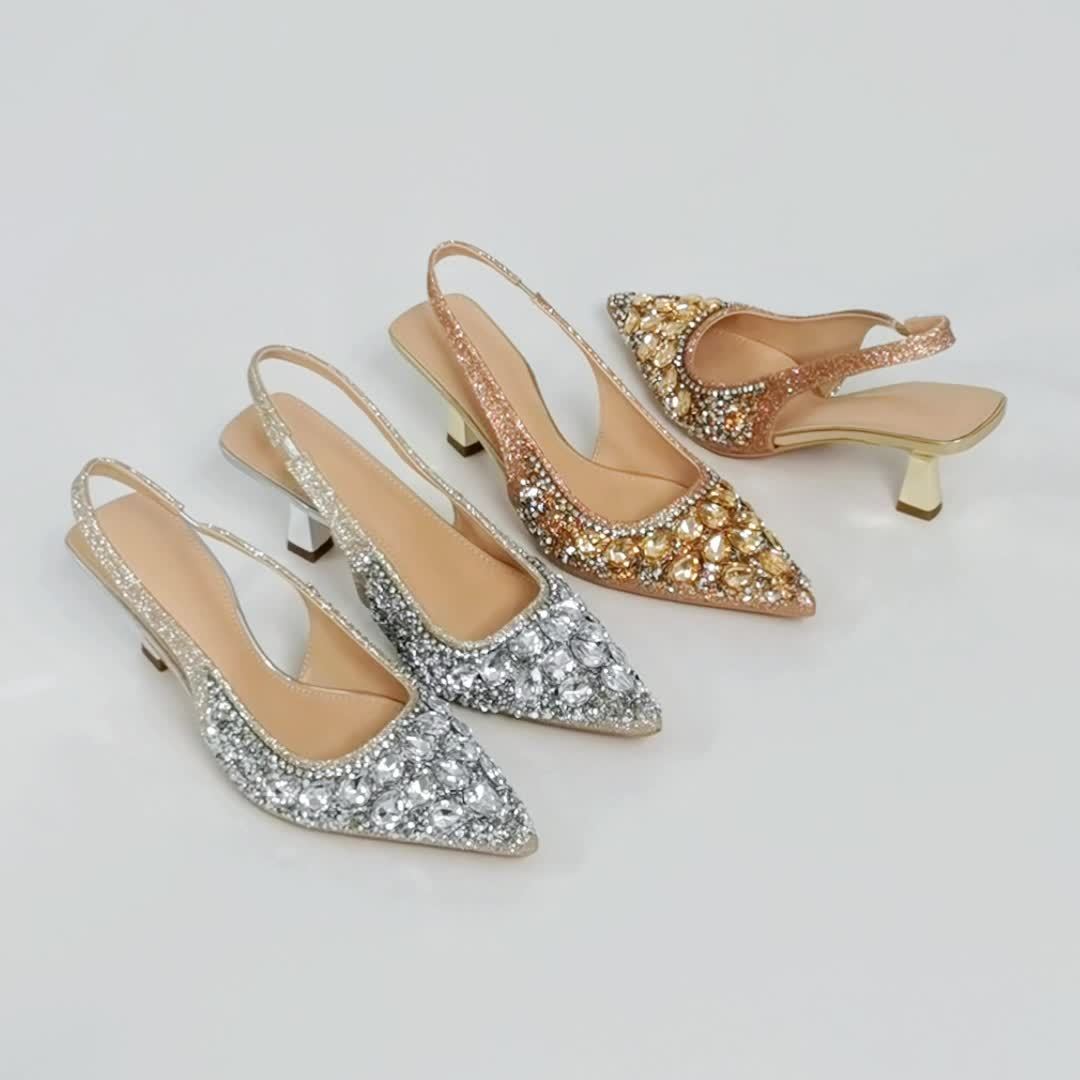 Silvery Rhinestone High Heels, Sequins Strap Sandals