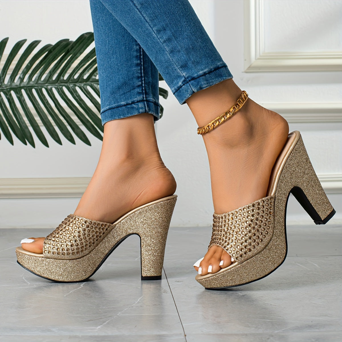 Women's Rhinestone &sequins Block High Heels, Fashionable Peep Toe Platform Sandals, All-Match Party Shoes