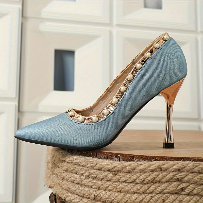 Elegant Peacock Blue Women's High Heels with Pearl Studs