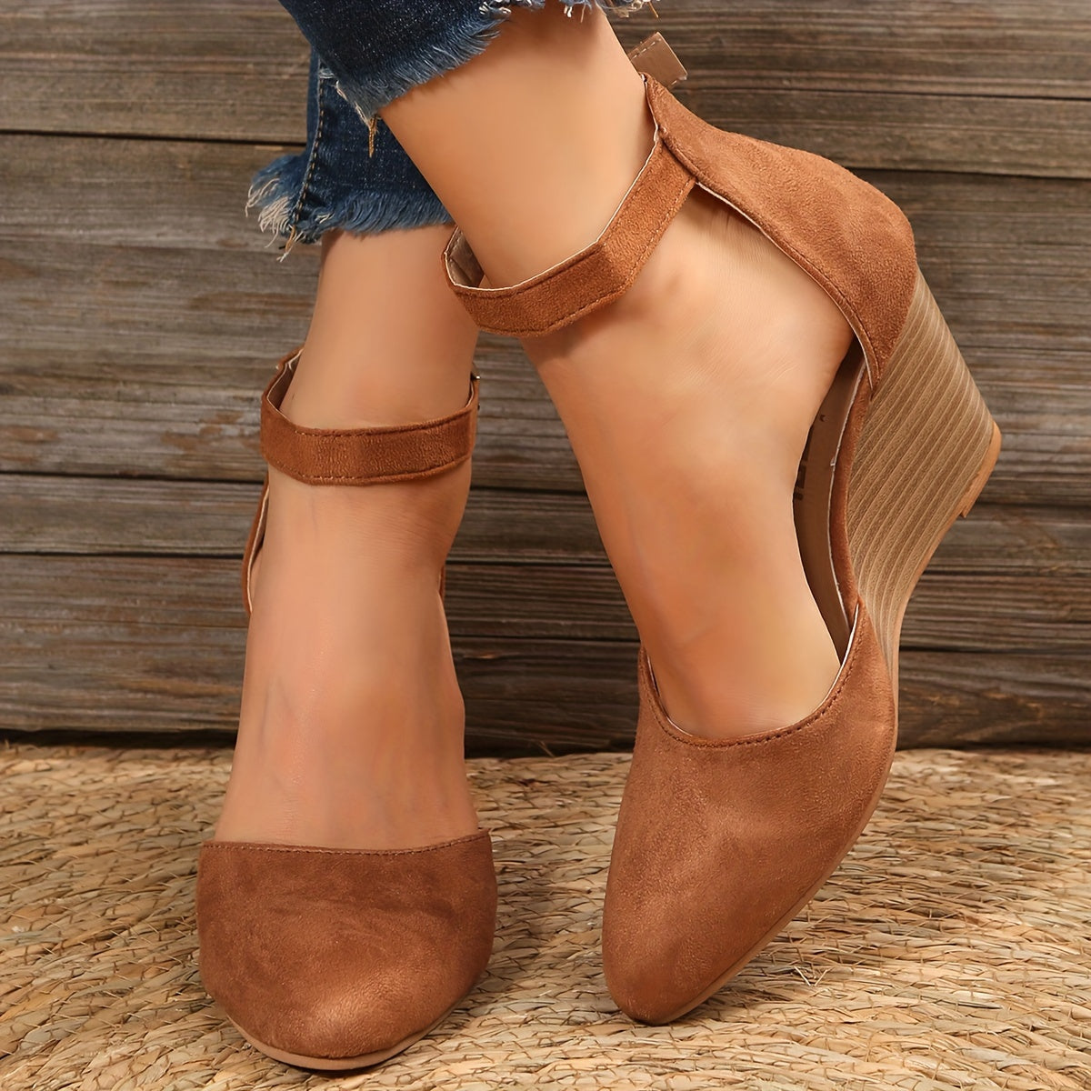 Pointed Toe Ankle Strap Wedge Platform High Heels