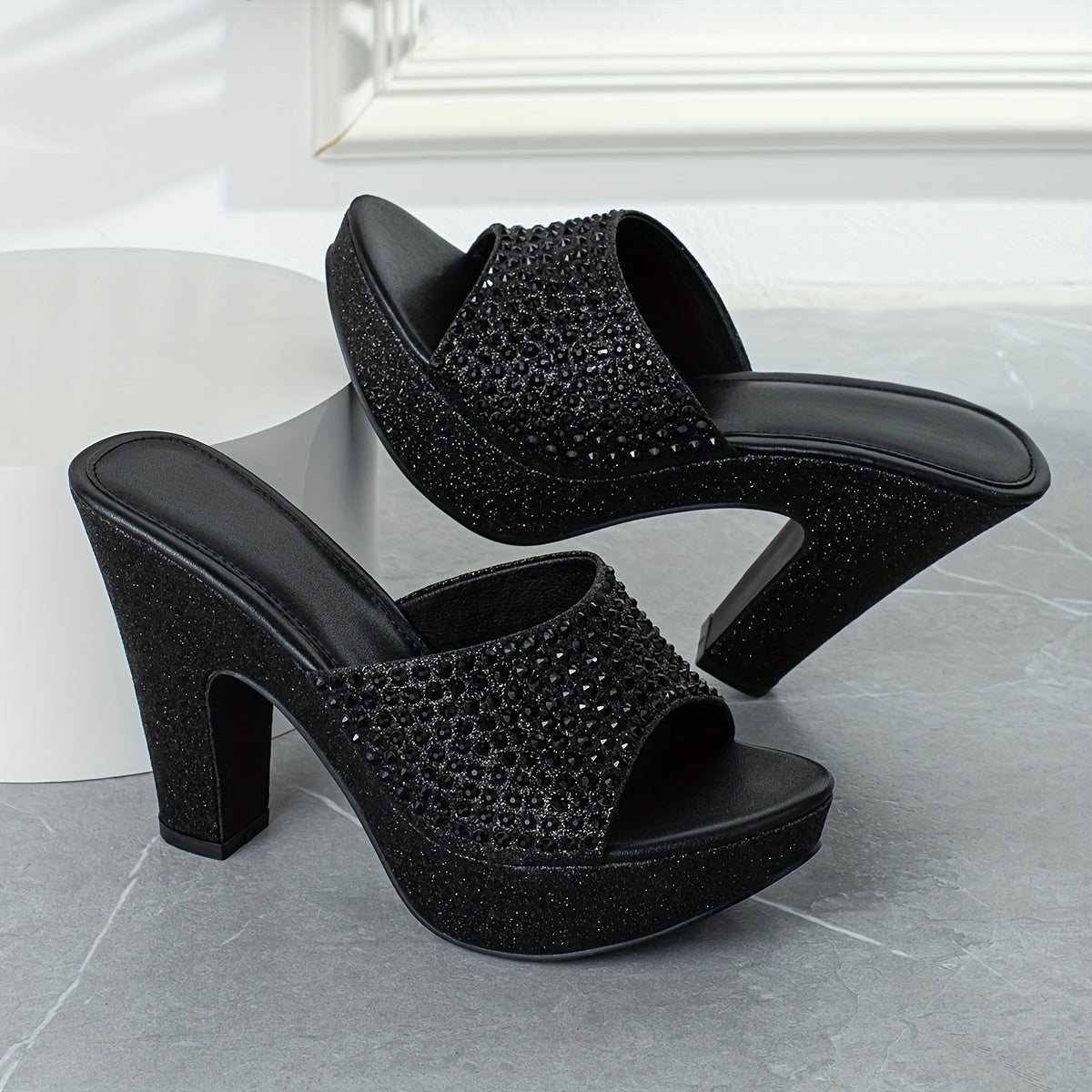 Women's Rhinestone &sequins Block High Heels, Fashionable Peep Toe Platform Sandals, All-Match Party Shoes