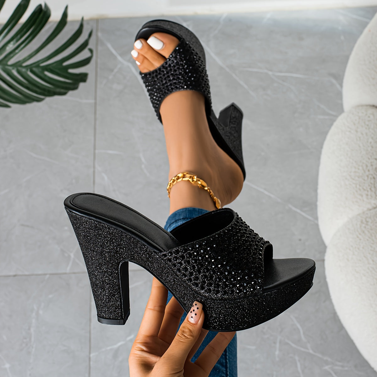 Women's Rhinestone &sequins Block High Heels, Fashionable Peep Toe Platform Sandals, All-Match Party Shoes