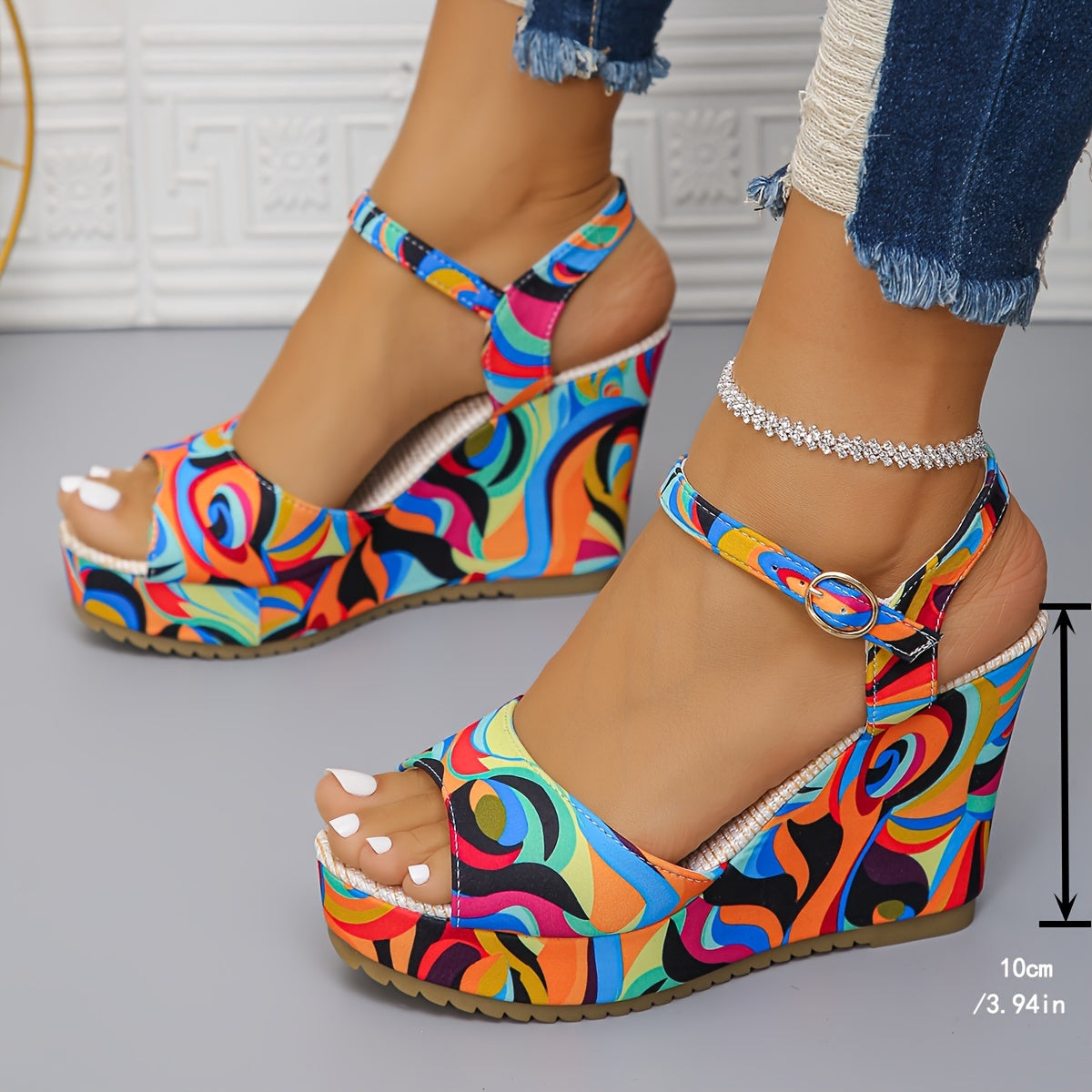 Women's Contrast Color Wedge Sandals With Ankle Strap