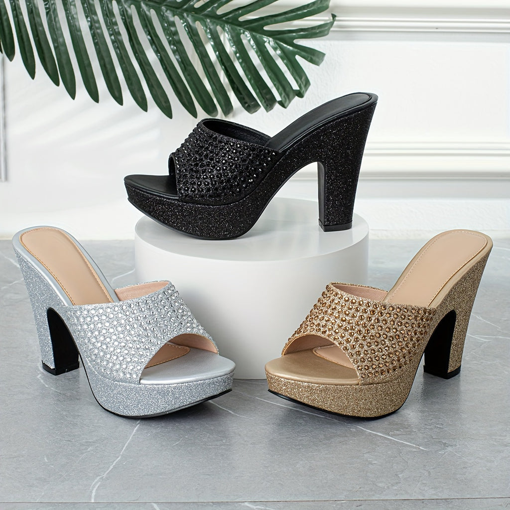 Women's Rhinestone &sequins Block High Heels, Fashionable Peep Toe Platform Sandals, All-Match Party Shoes