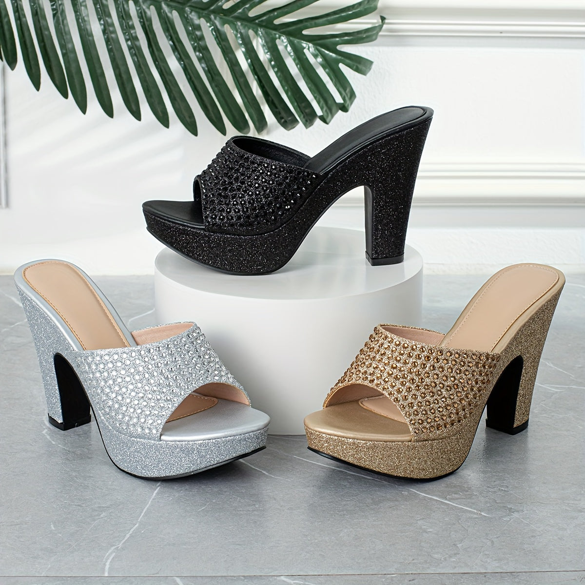 Women's Rhinestone &sequins Block High Heels, Fashionable Peep Toe Platform Sandals, All-Match Party Shoes