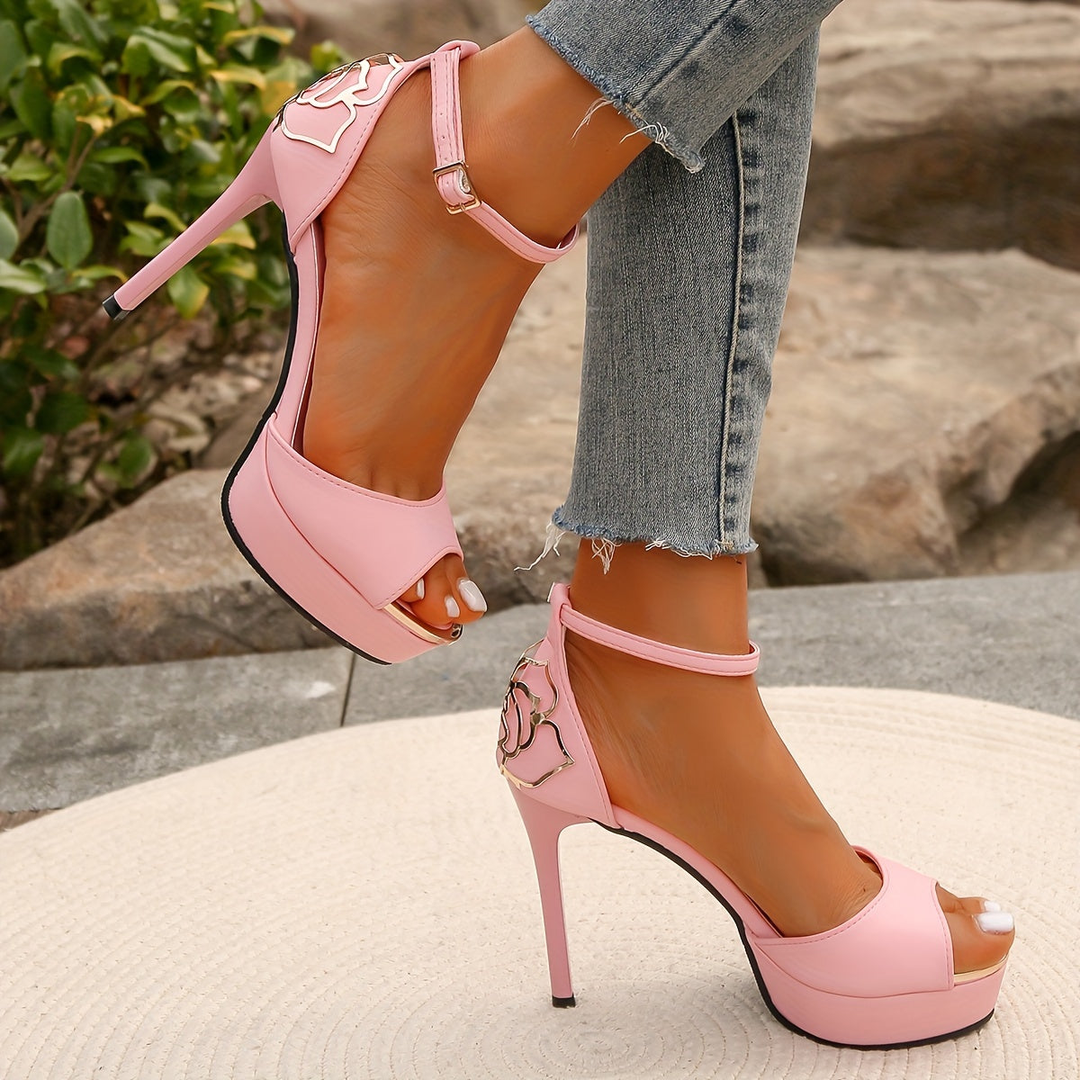 Women's  High Heels - Rose Decor Peep Toe Ankle Strap Stiletto Style Heels