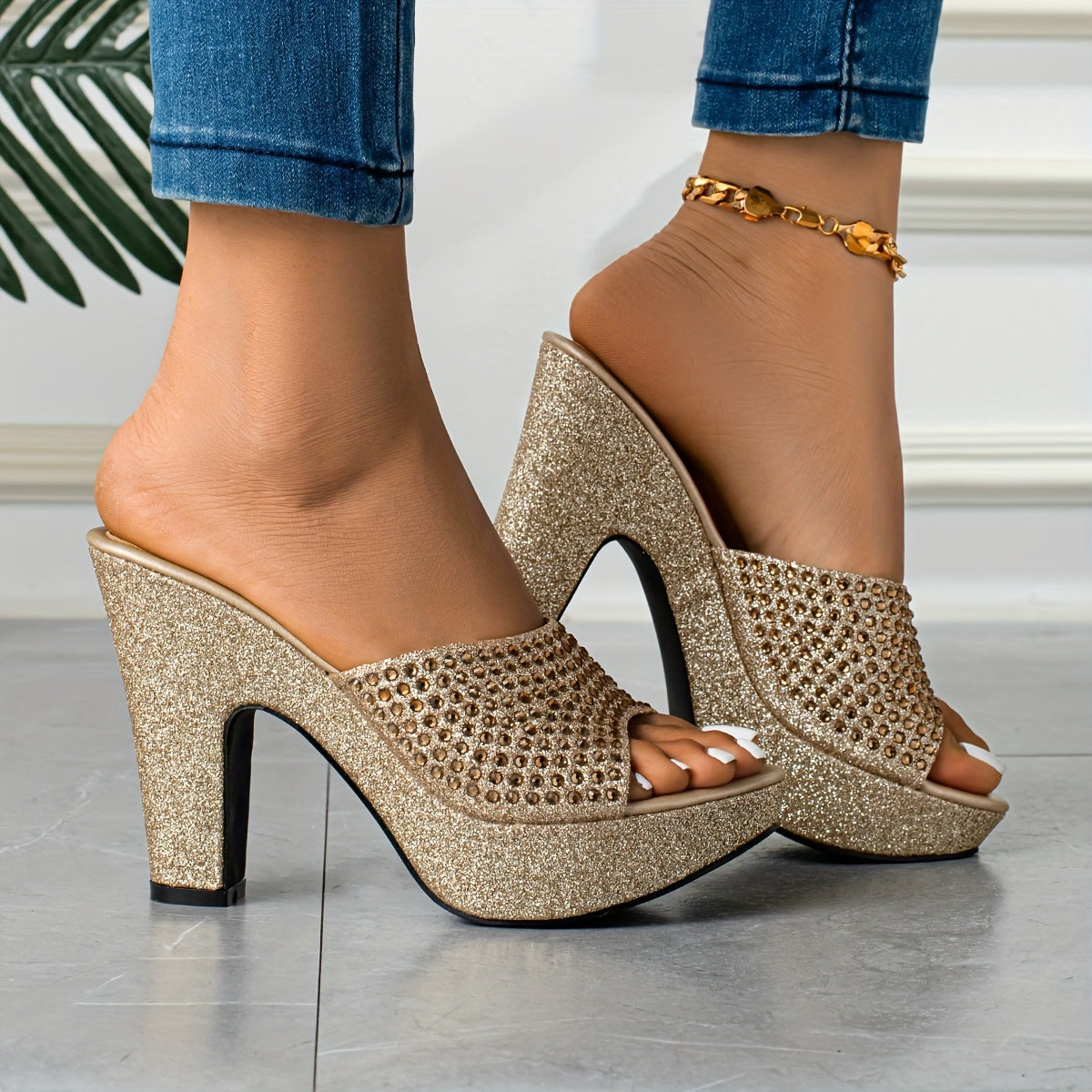 Women's Rhinestone &sequins Block High Heels, Fashionable Peep Toe Platform Sandals, All-Match Party Shoes