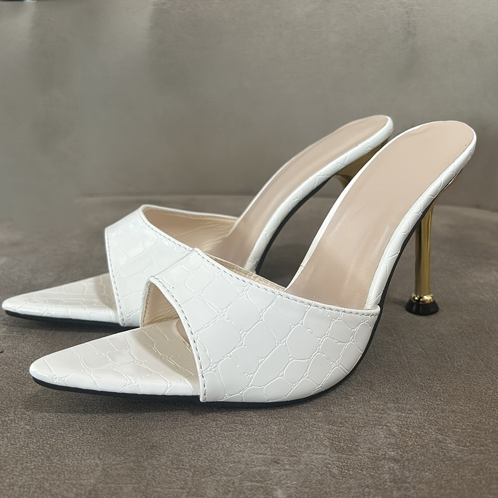 Women's Crocodile Pattern Thin High Heels - Pointy Peep Toe Slip On