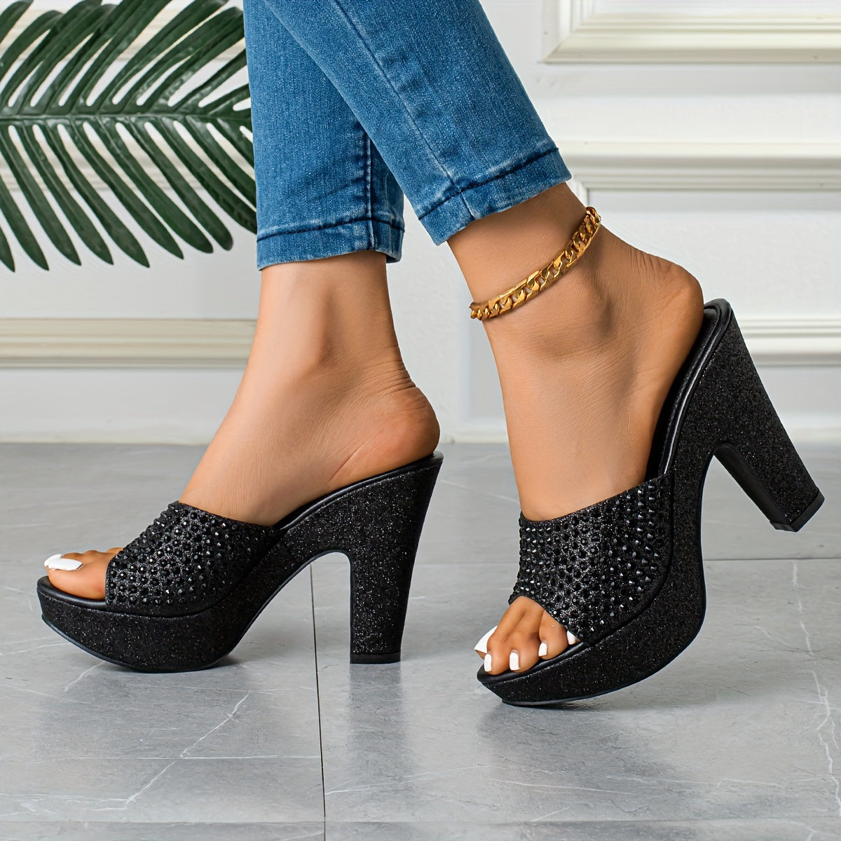 Women's Rhinestone &sequins Block High Heels, Fashionable Peep Toe Platform Sandals, All-Match Party Shoes