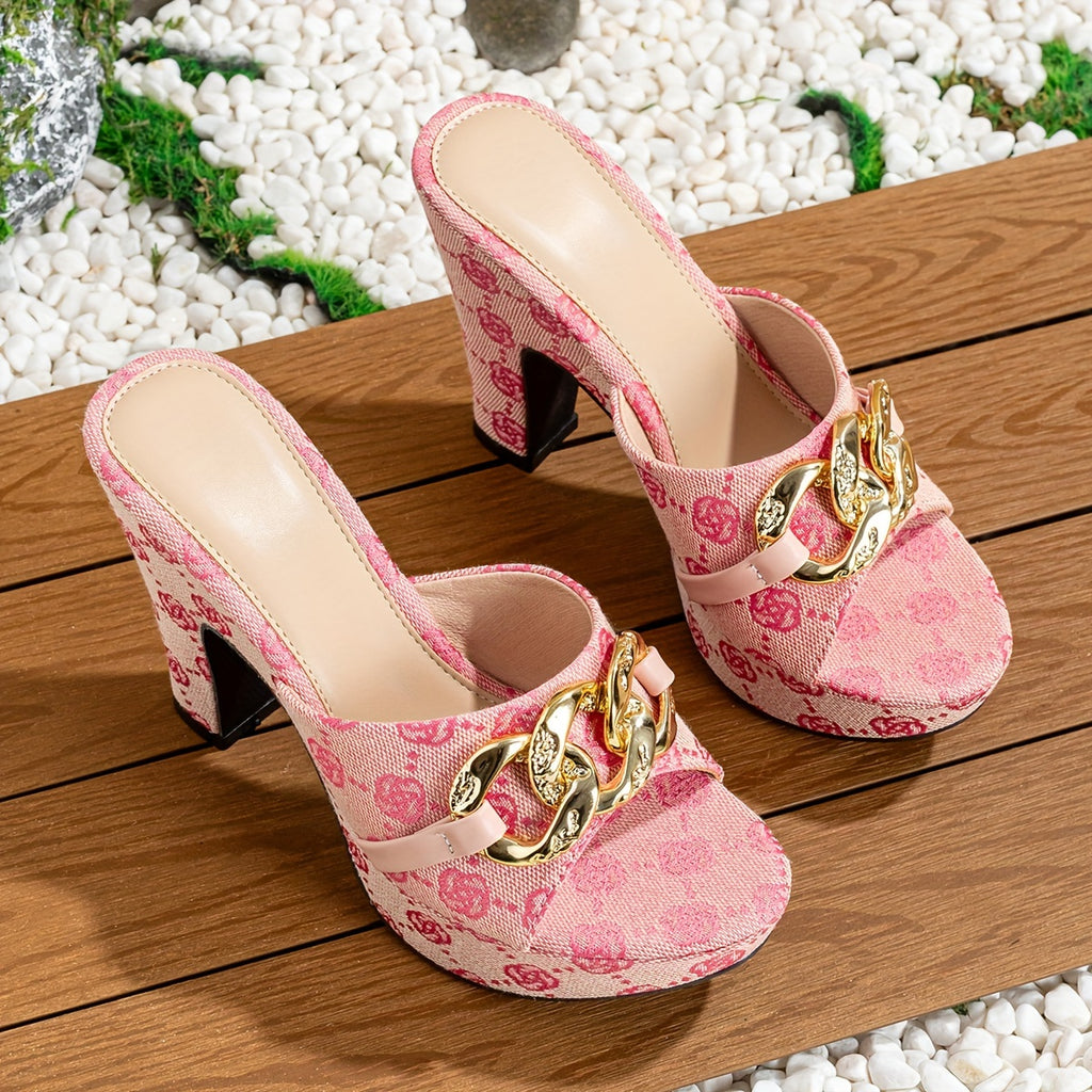 Women's Fashion High Heels Sandals, Platform Elegant Rose Pattern Walking Shoes, Material Chain Decor Chunky Heels
