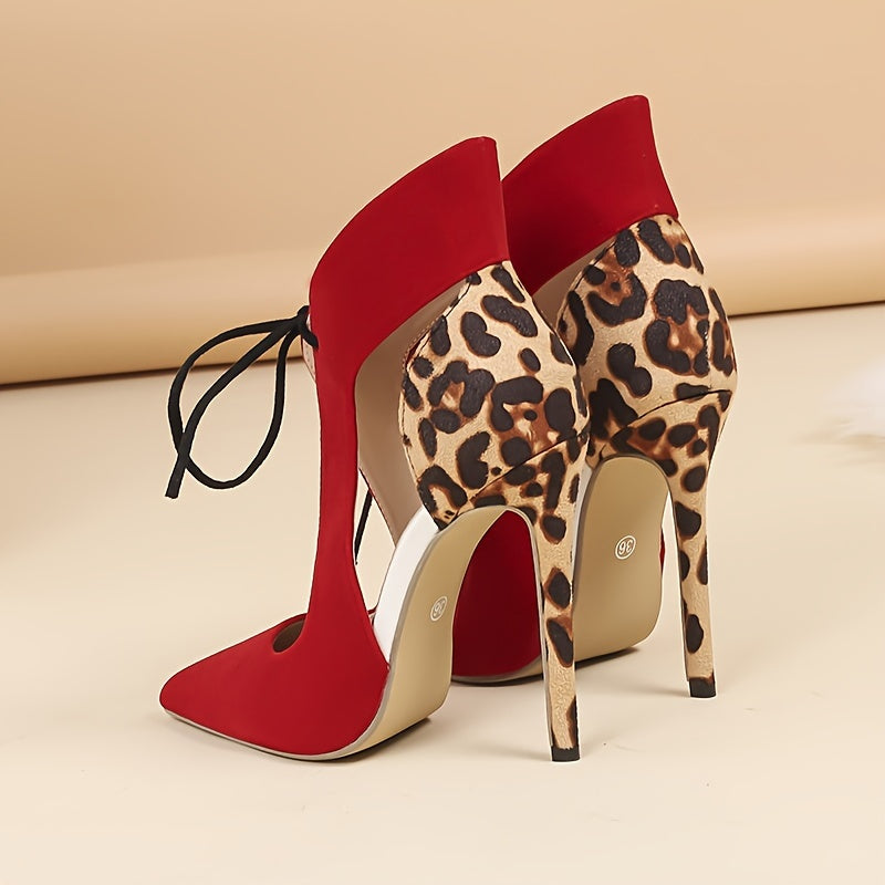 Women's Leopard Print Colorblock, Lace Up Hollow Out Stylish Dressy High Heels, Point Toe Party Banquet Shoes
