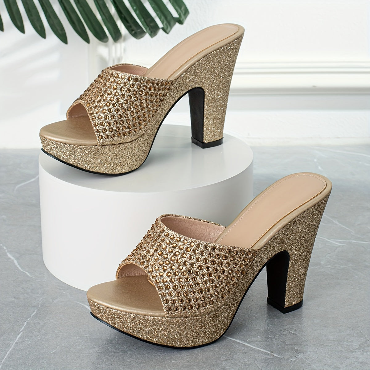 Women's Rhinestone &sequins Block High Heels, Fashionable Peep Toe Platform Sandals, All-Match Party Shoes