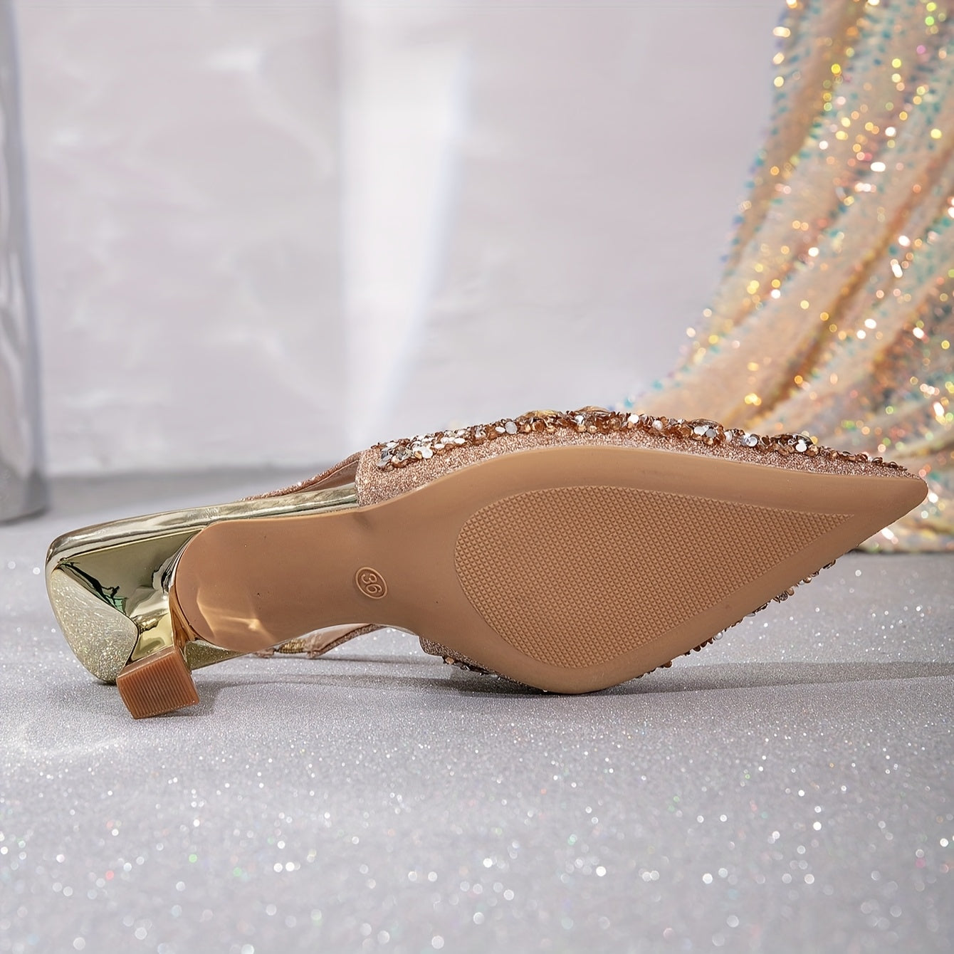 Silvery Rhinestone High Heels, Sequins Strap Sandals