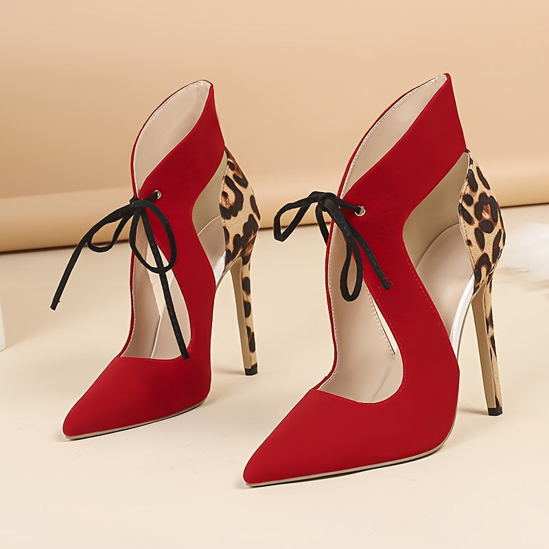 Women's Leopard Print Colorblock, Lace Up Hollow Out Stylish Dressy High Heels, Point Toe Party Banquet Shoes
