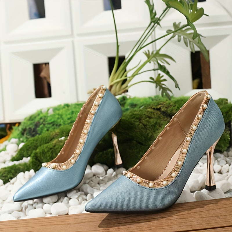 Elegant Peacock Blue Women's High Heels with Pearl Studs
