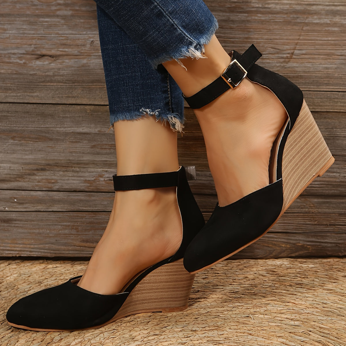 Pointed Toe Ankle Strap Wedge Platform High Heels