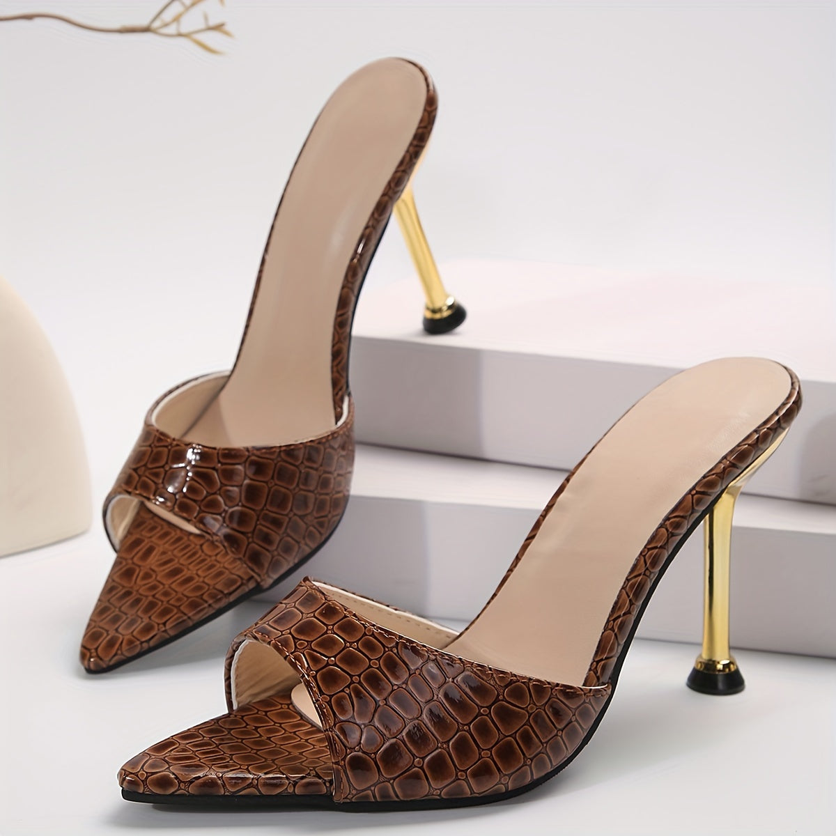 Women's Crocodile Pattern Thin High Heels - Pointy Peep Toe Slip On