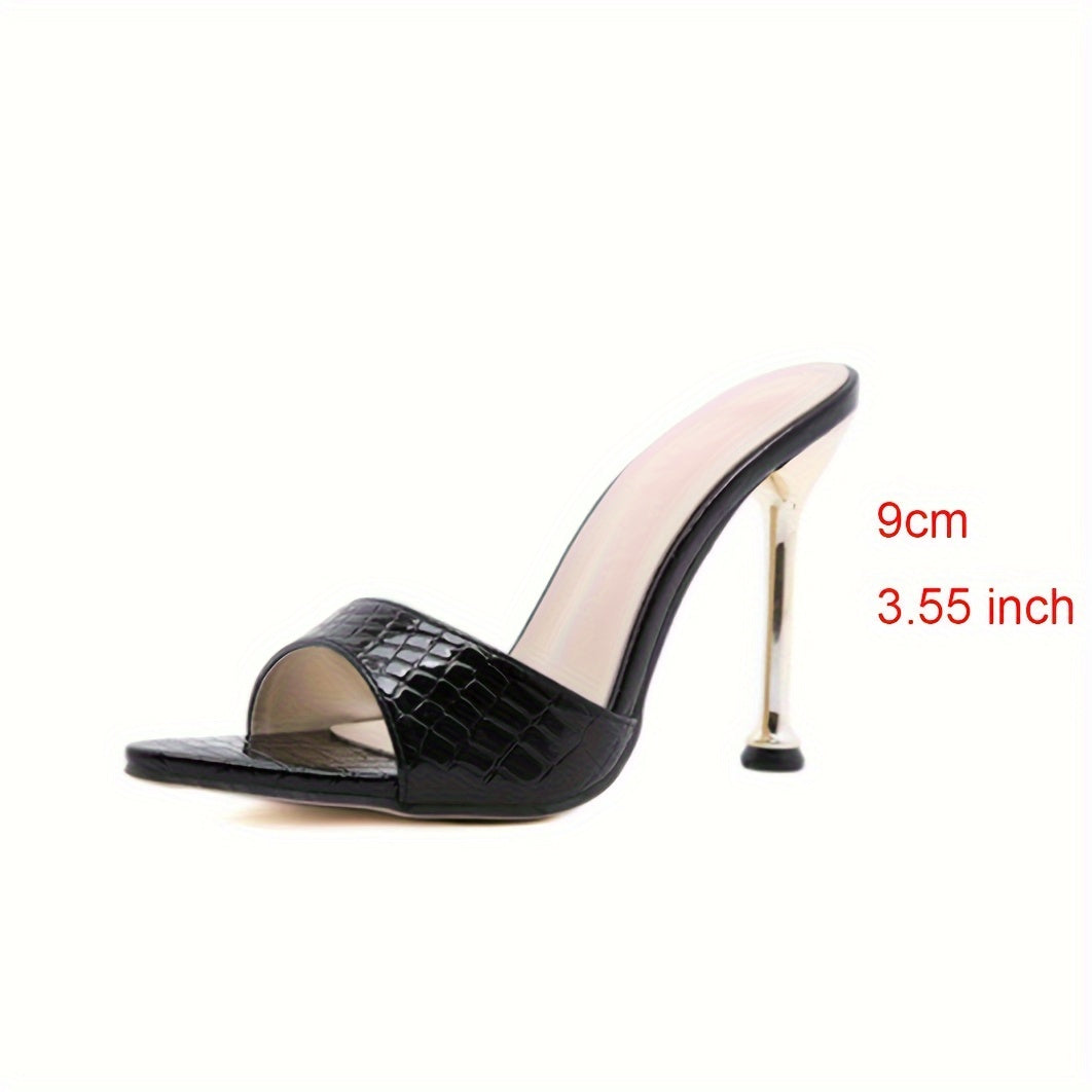 Women's Crocodile Pattern Thin High Heels - Pointy Peep Toe Slip On