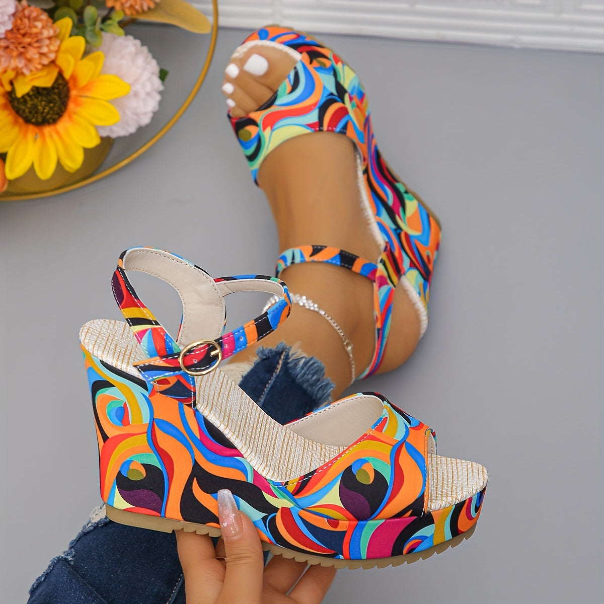 Women's Contrast Color Wedge Sandals With Ankle Strap