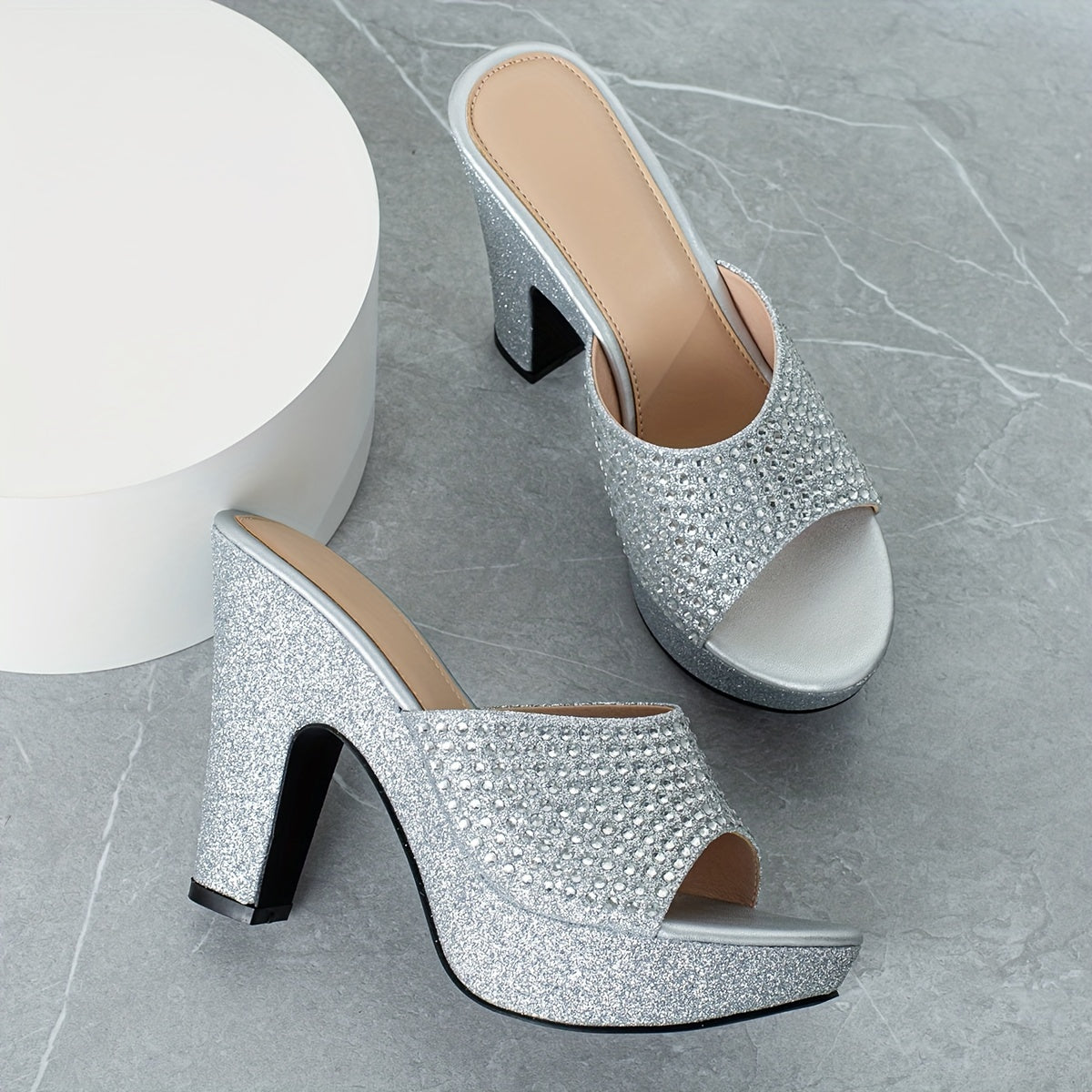 Women's Rhinestone &sequins Block High Heels, Fashionable Peep Toe Platform Sandals, All-Match Party Shoes