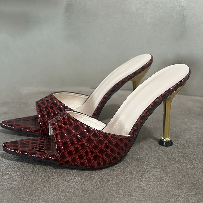 Women's Crocodile Pattern Thin High Heels - Pointy Peep Toe Slip On