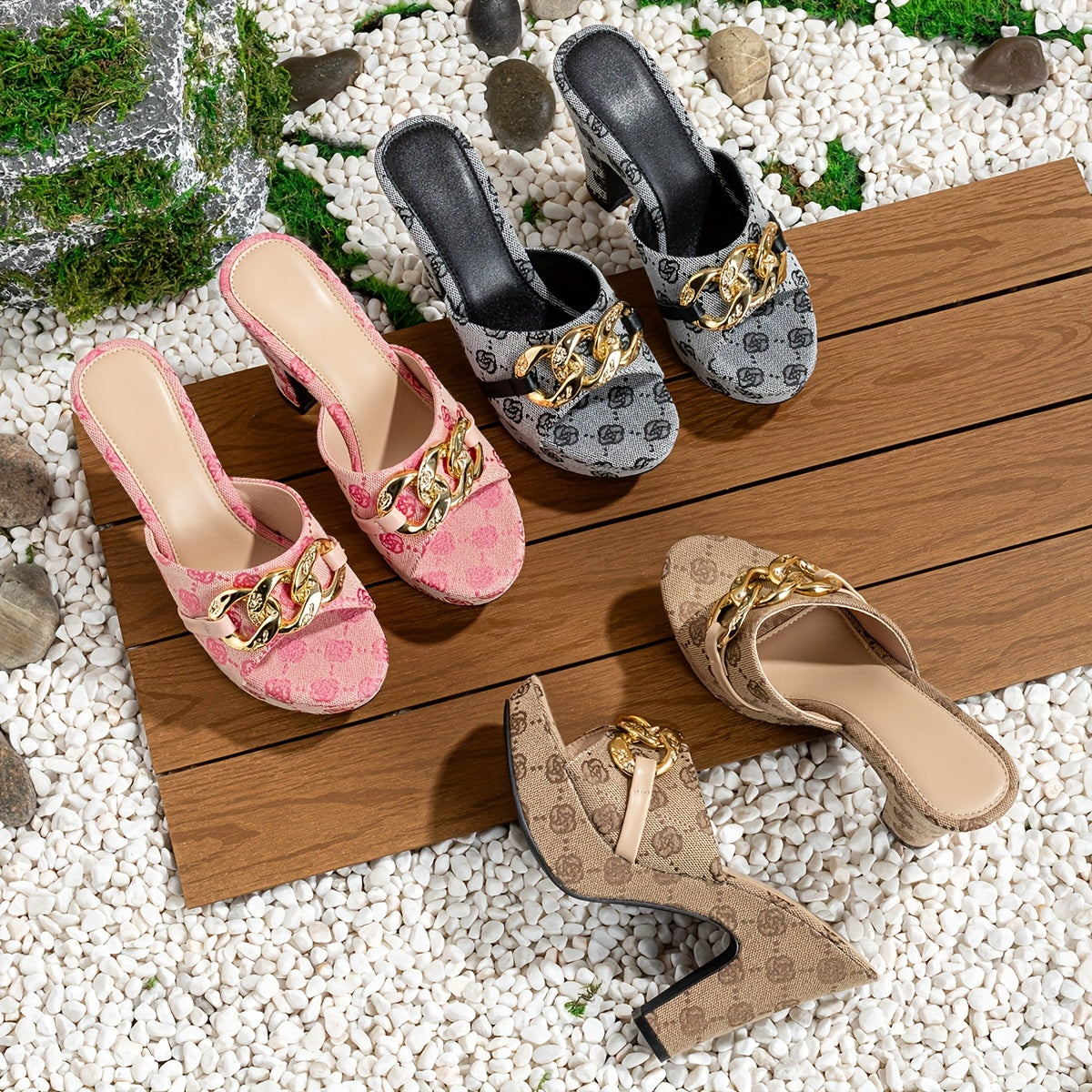 Women's Fashion High Heels Sandals, Platform Elegant Rose Pattern Walking Shoes, Material Chain Decor Chunky Heels