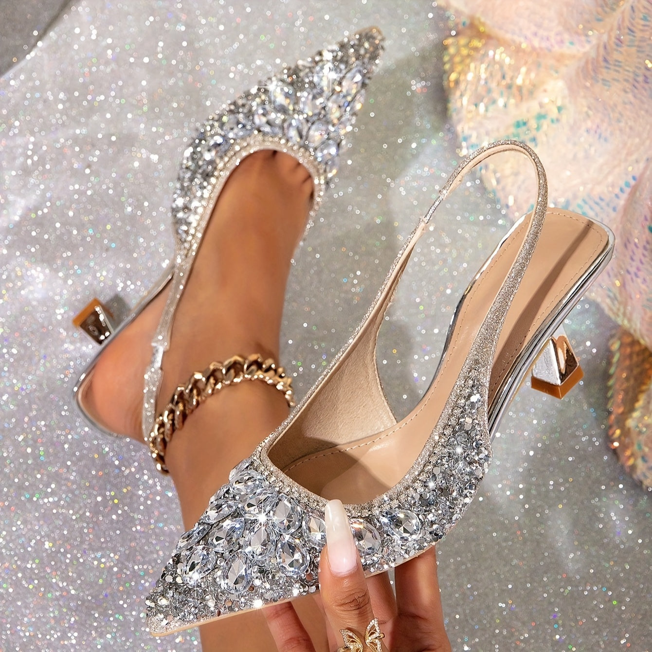 Silvery Rhinestone High Heels, Sequins Strap Sandals