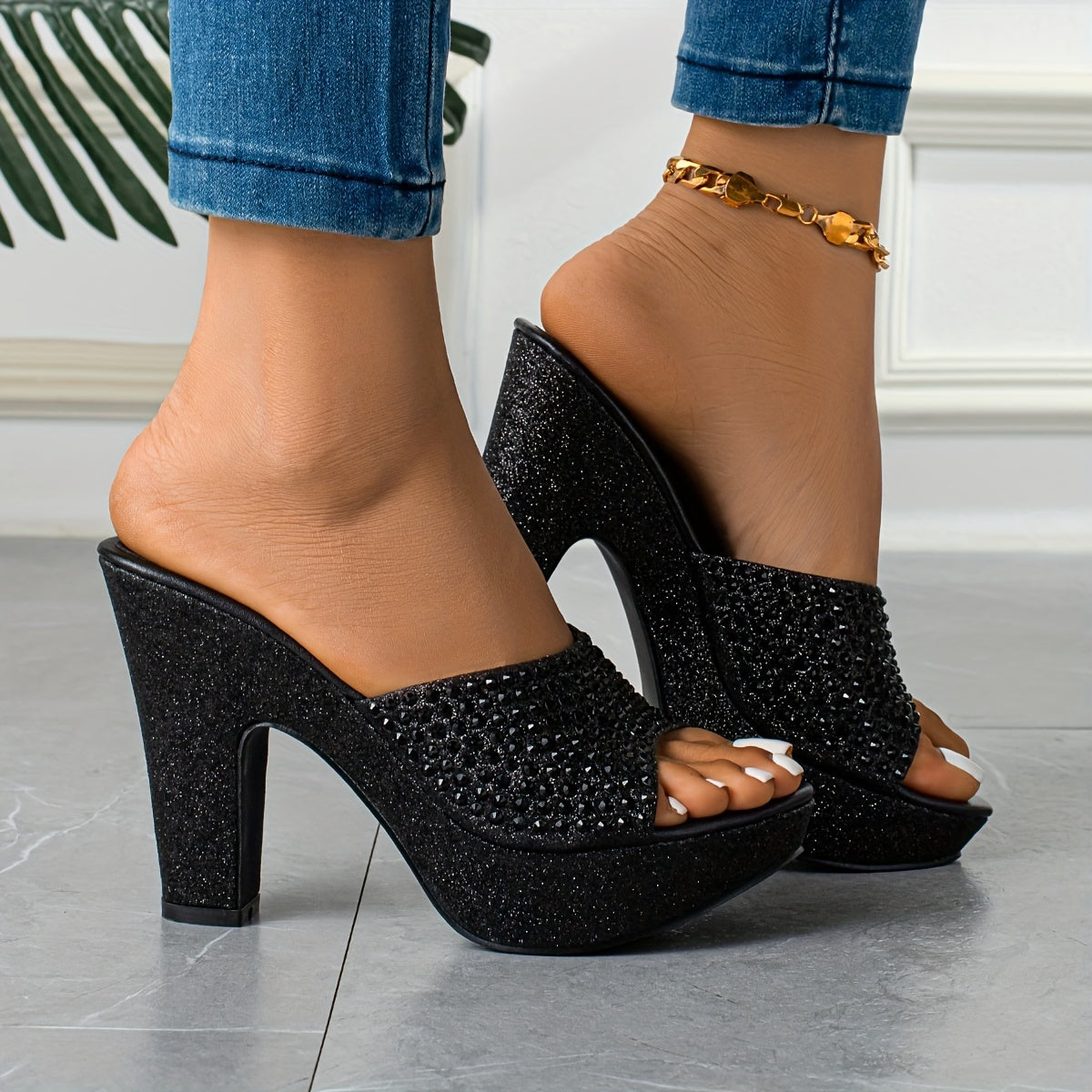 Women's Rhinestone &sequins Block High Heels, Fashionable Peep Toe Platform Sandals, All-Match Party Shoes