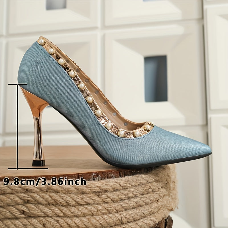 Elegant Peacock Blue Women's High Heels with Pearl Studs