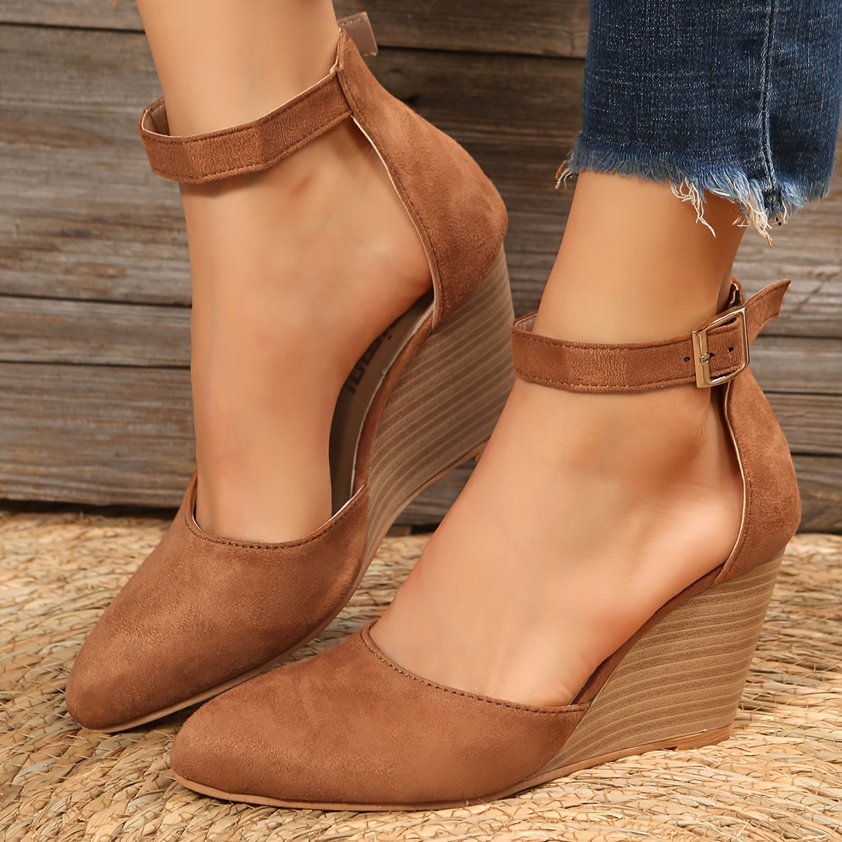 Pointed Toe Ankle Strap Wedge Platform High Heels