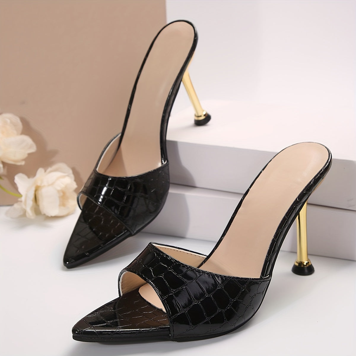 Women's Crocodile Pattern Thin High Heels - Pointy Peep Toe Slip On