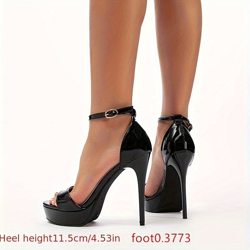 Elegant Black Open-Toe Stiletto Sandals for Women - Summer 2024 Collection, Sexy Ankle Strap High Heels with Glossy Finish & Rubber Sole, Versatile Platform Dress Shoes